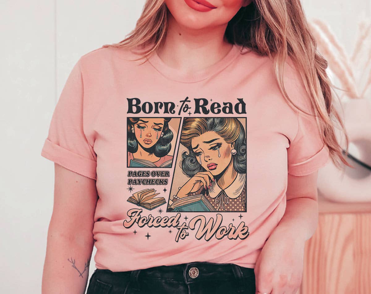 Born To Read, Forced To Work - Funny Book T-Shirt: Heather Gray / MD